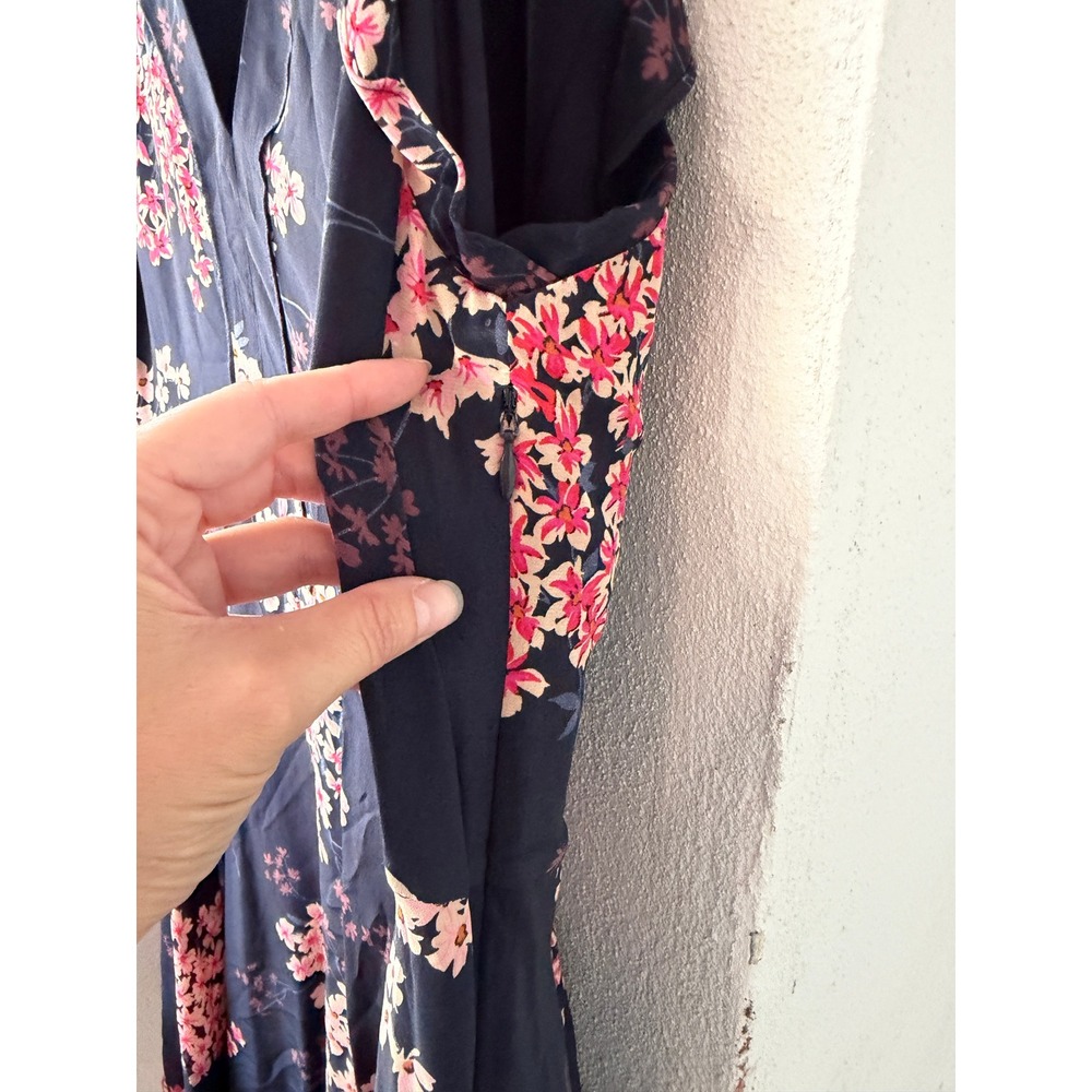 Rebecca Taylor Silk Floral Fit Flare Dress 8 Navy Pink Ruffle V-Neck - Picture 4 of 8